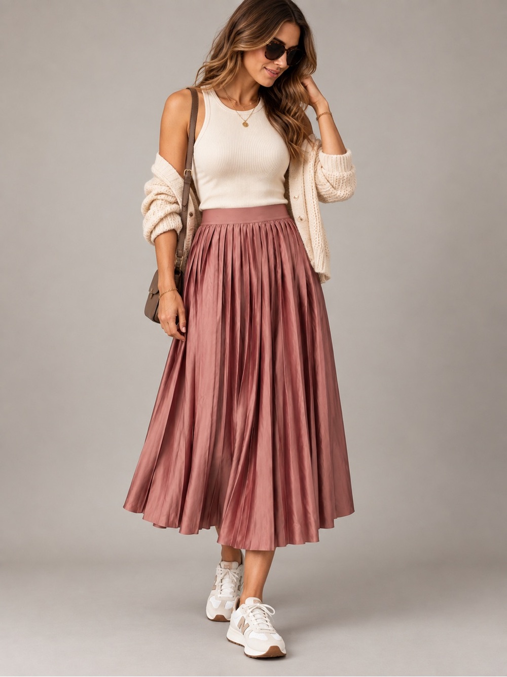Lululemon Satin Pleated Midi Skirt Rose Gold Taupe Size M